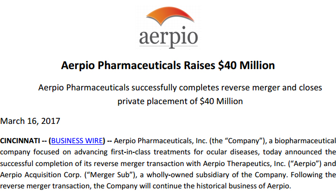 眼科疾病治疗公司Aerpio完成反向并购，获融资4000万美元