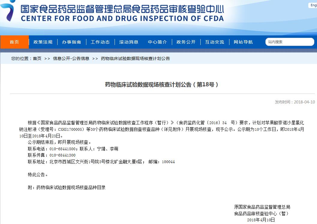 最新一批药物临床数据现场核查名单公示