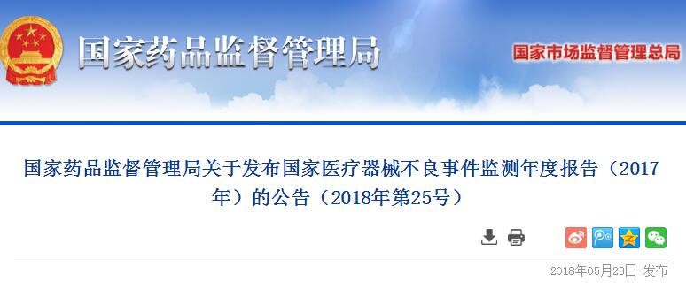 国家药监局发布2017年医疗器械不良事件监测年度报告