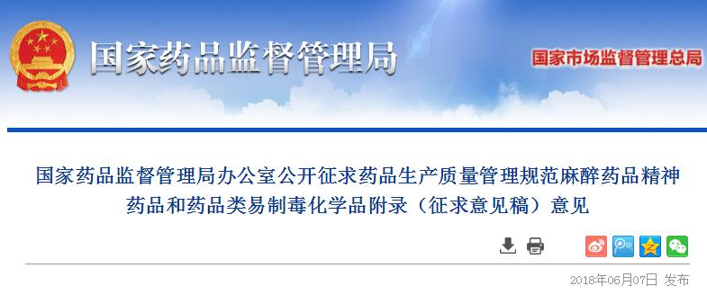 国家药监局公开征求药品生产质量管理规范麻醉药品精神药品和药品类易制毒化学品附录（征求意见稿）意见
