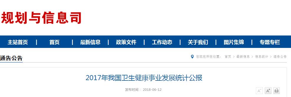 国家卫健委公布《2017年我国卫生健康事业发展统计公报》