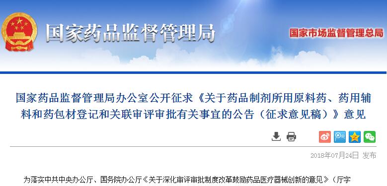《关于药品制剂所用原料药、药用辅料和药包材登记和关联审评审批有关事宜的公告（征求意见稿）》公开征求意见