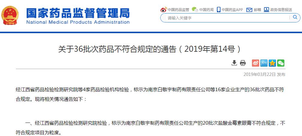 国家药监局公布36批次药品不合格