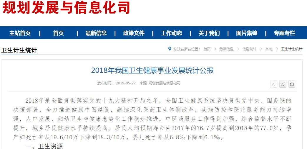 国家卫健委发布《2018年我国卫生健康事业发展统计公报》
