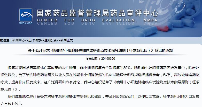 CDE公开征求《晚期非小细胞肺癌临床试验终点技术指导原则（征求意见稿）》意见