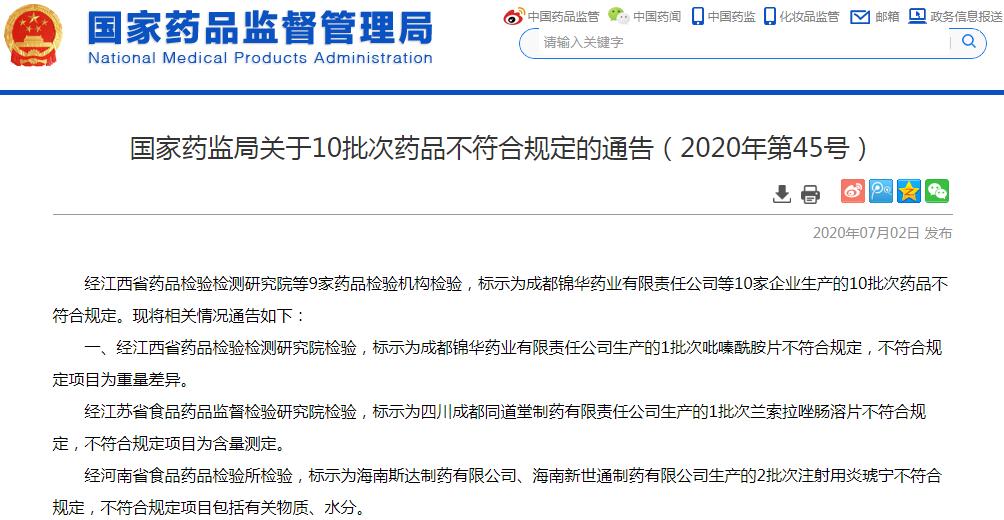 国家药监局：这10批次药品不符合规定，要求停售、召回（附清单）