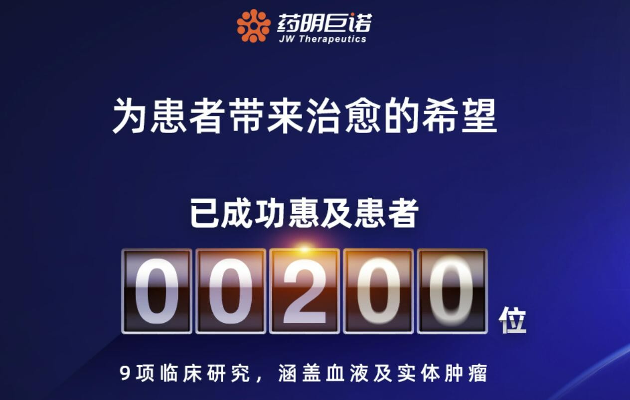 药明巨诺细胞免疫治疗药物已成功完成200位中国患者的回输治疗