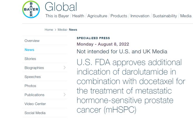 拜耳达罗他胺获FDA批准，治疗特定前列腺癌