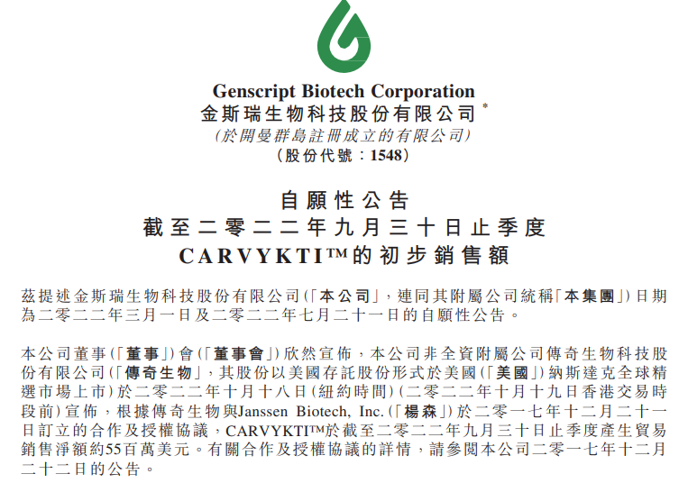 传奇生物CAR-T疗法第三季度销售业绩公布