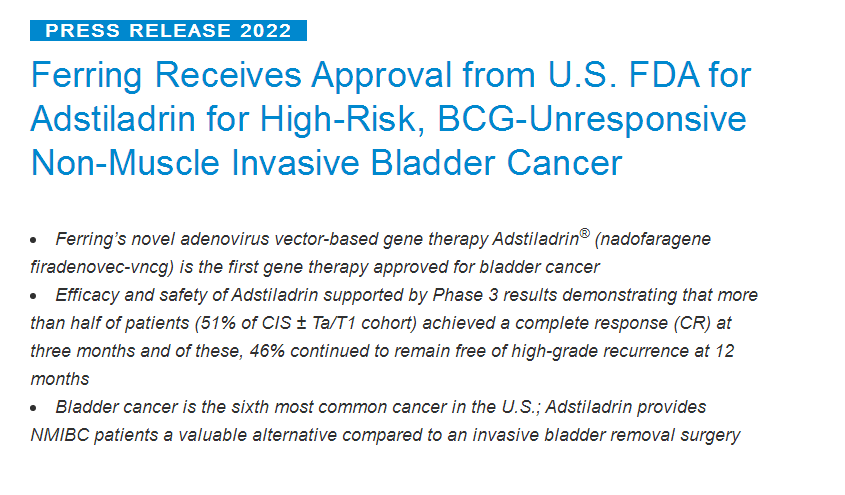 首款膀胱癌基因疗法获得FDA批准上市