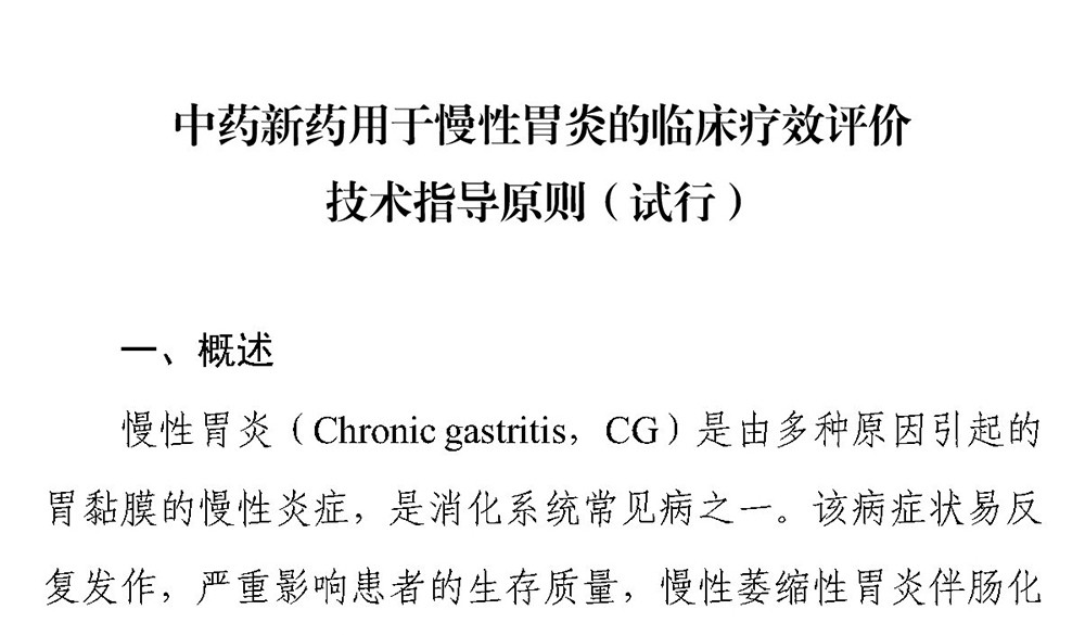 CDE：中药新药用于慢性胃炎的临床疗效评价技术指导原则（试行）