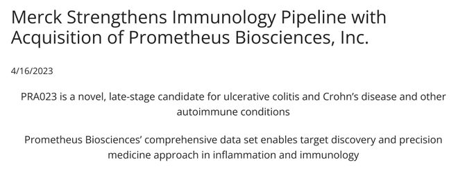 默沙东108亿美元收购自身免疫性疾病疗法开发公司Prometheus