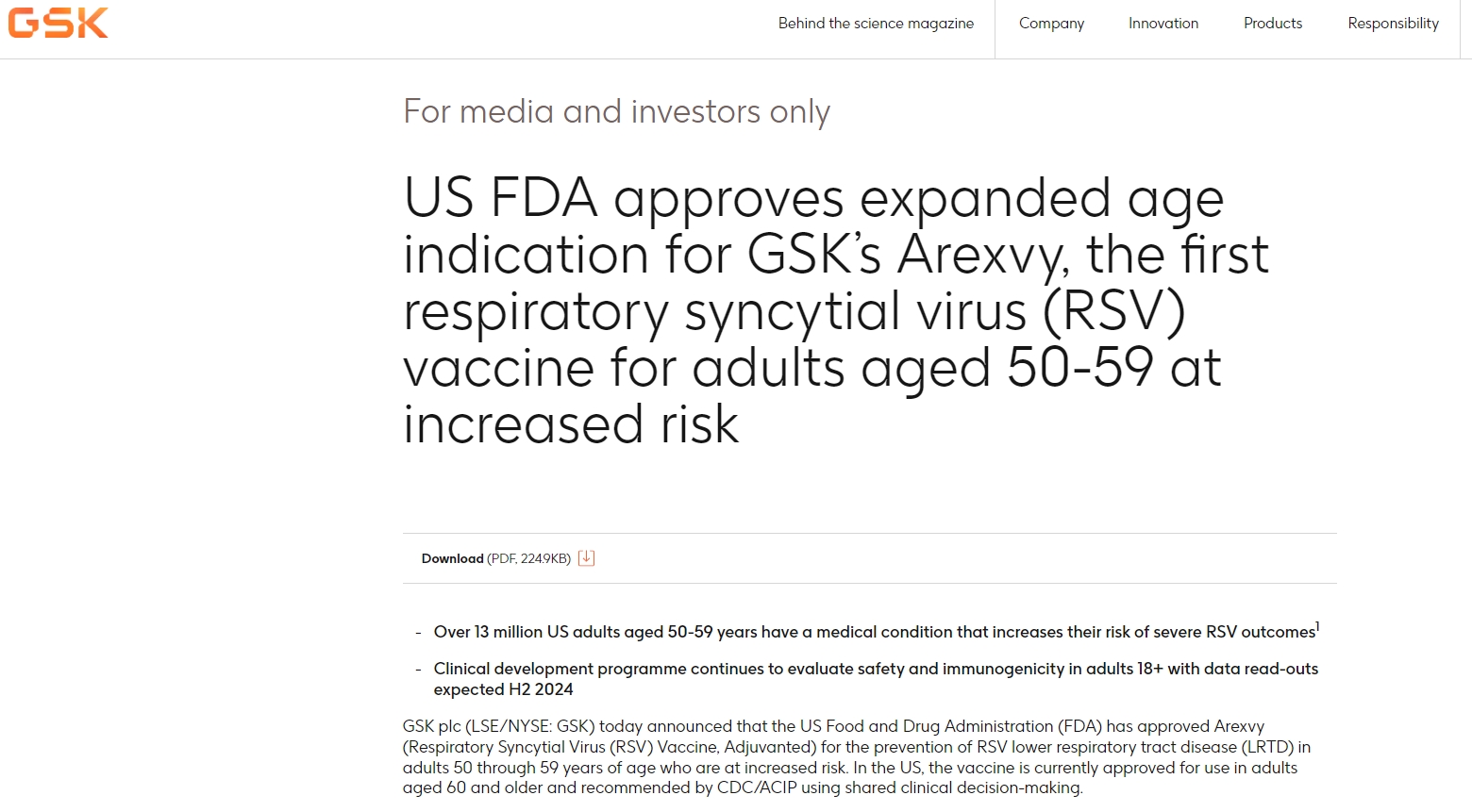 葛兰素史克RSV疫苗获批扩大适用人群至50-59岁
