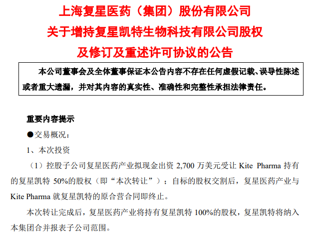 出资3700万美元，复星医药全资控股复星凯特并增资，复星凯特拟更名为复星凯瑞