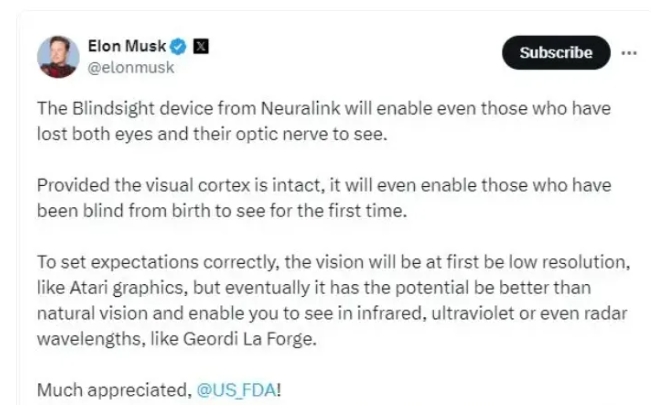 马斯克脑机接口公司“盲视”设备获“突破性设备认定”