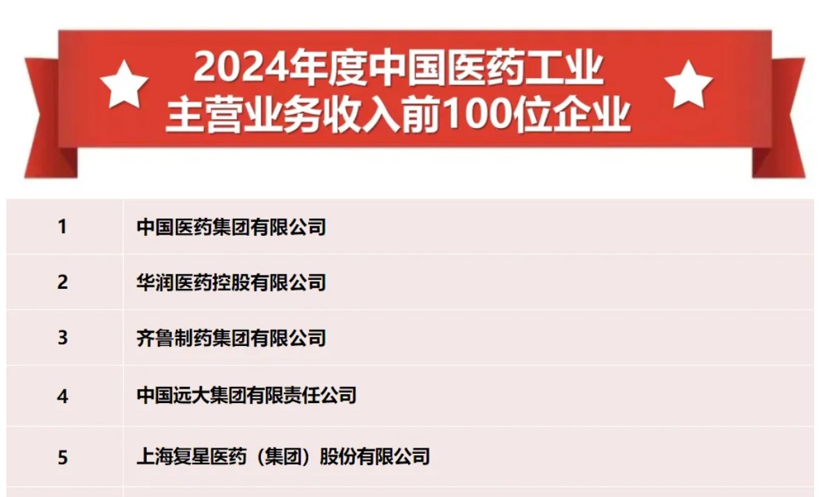 2024年度中国医药工业主营业务前100位企业