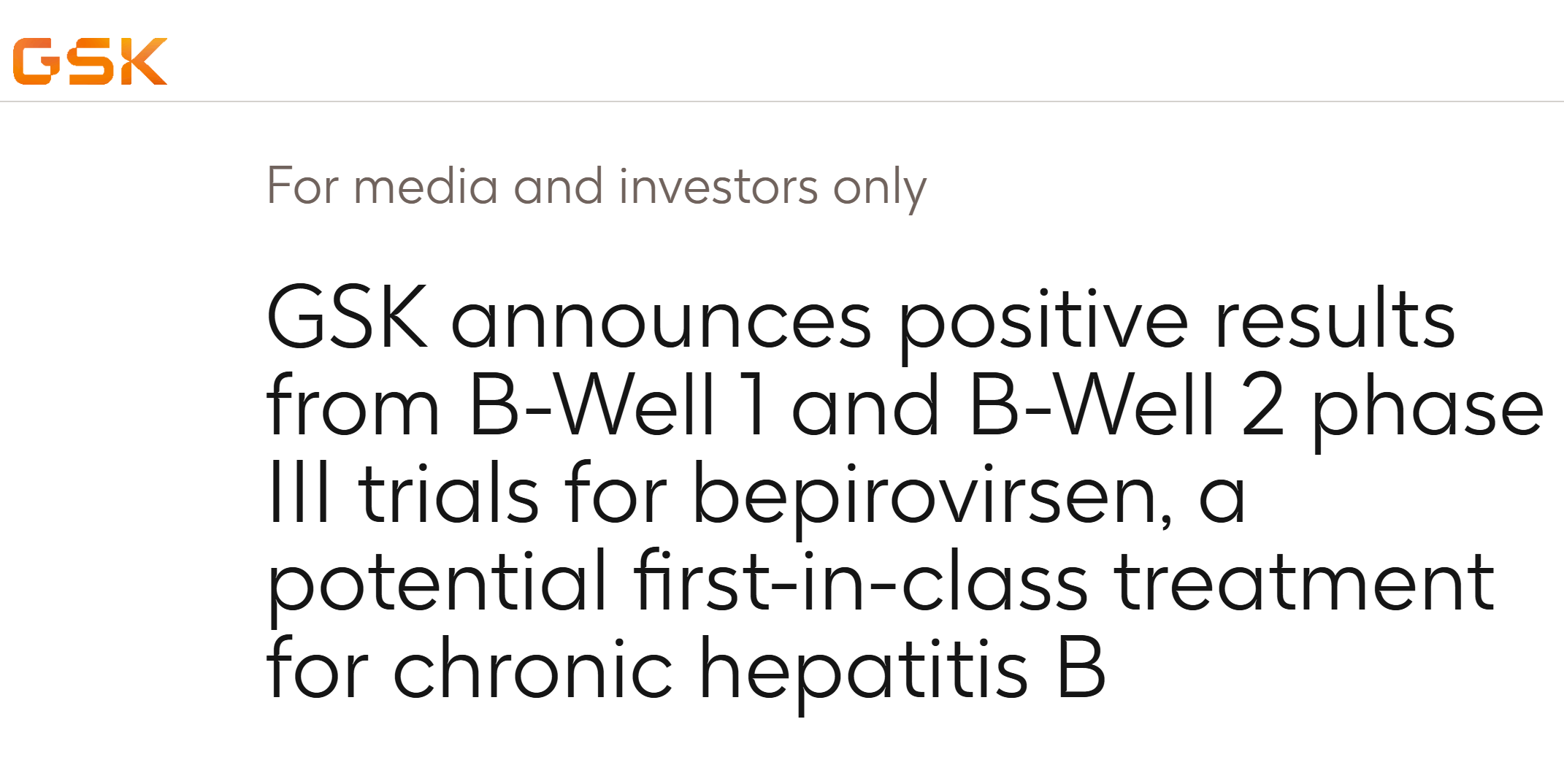 GSK 乙肝治疗药物Bepirovirsen三期临床试验取得积极结果