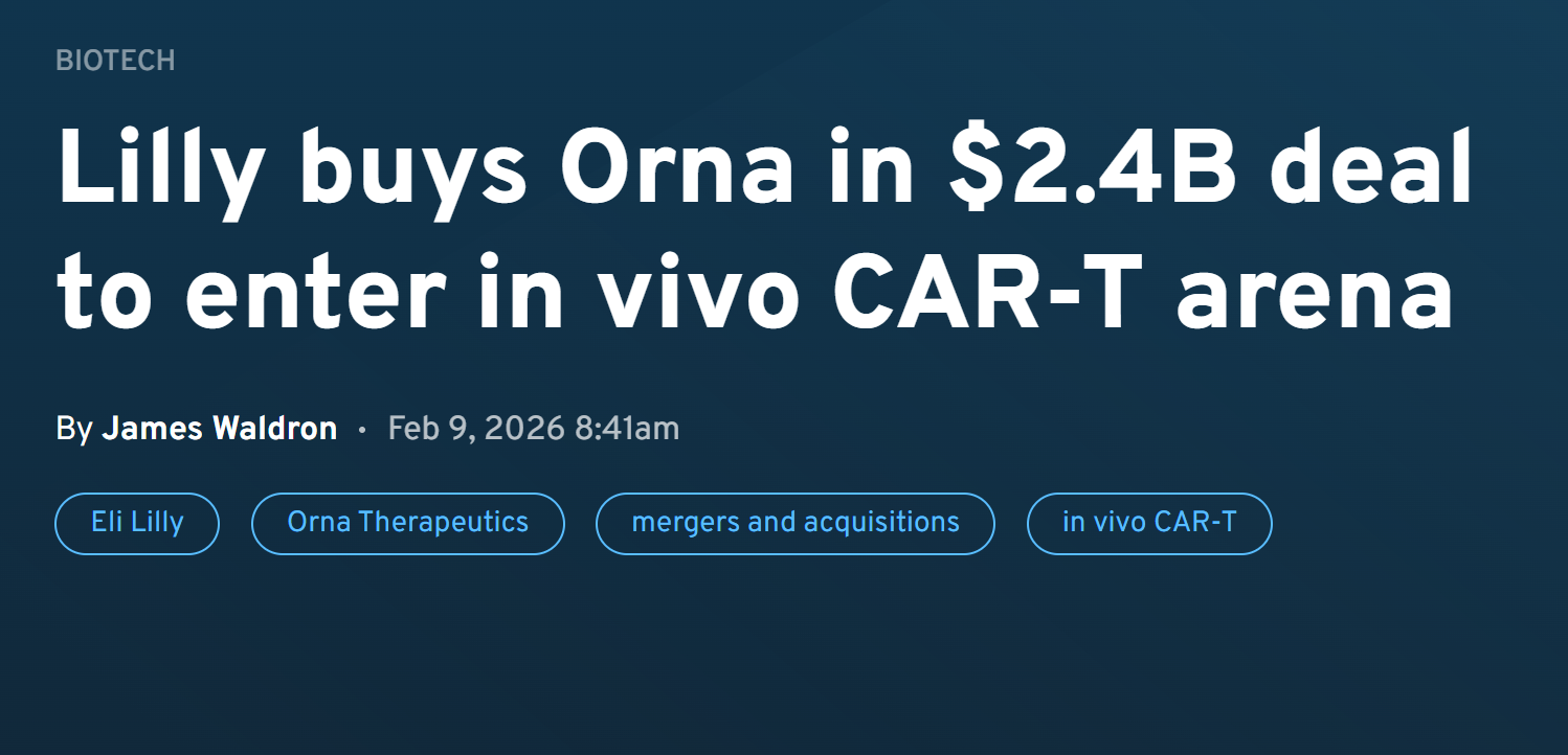 礼来计划24亿美元收购体内CAR-T公司