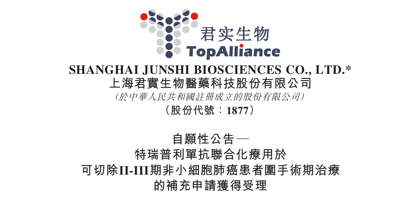 君实生物特瑞普利单抗新适应症补充申请获受理