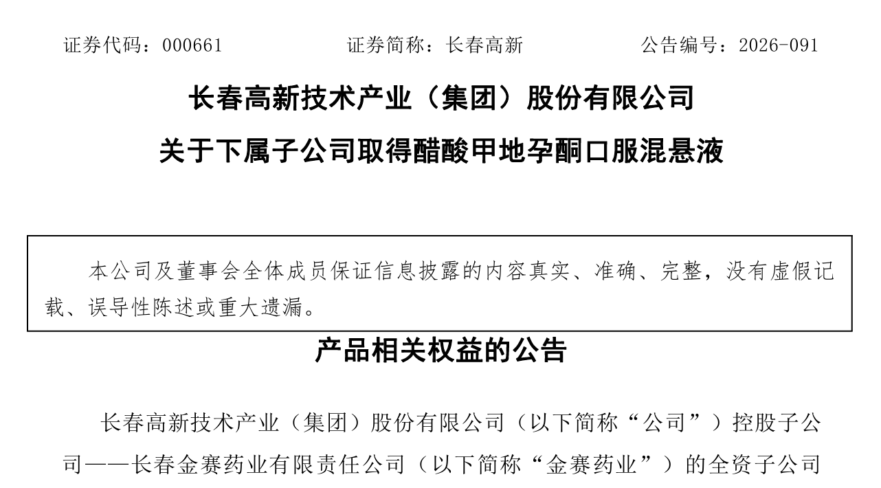 金赛药业取得醋酸甲地孕酮口服混悬液除匈牙利以外的全球权利