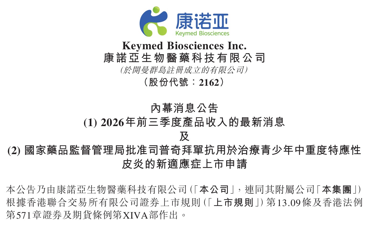 康诺亚司普奇拜单抗2026年前三季度收入总计约人民币6.6亿元，同比增长约227%