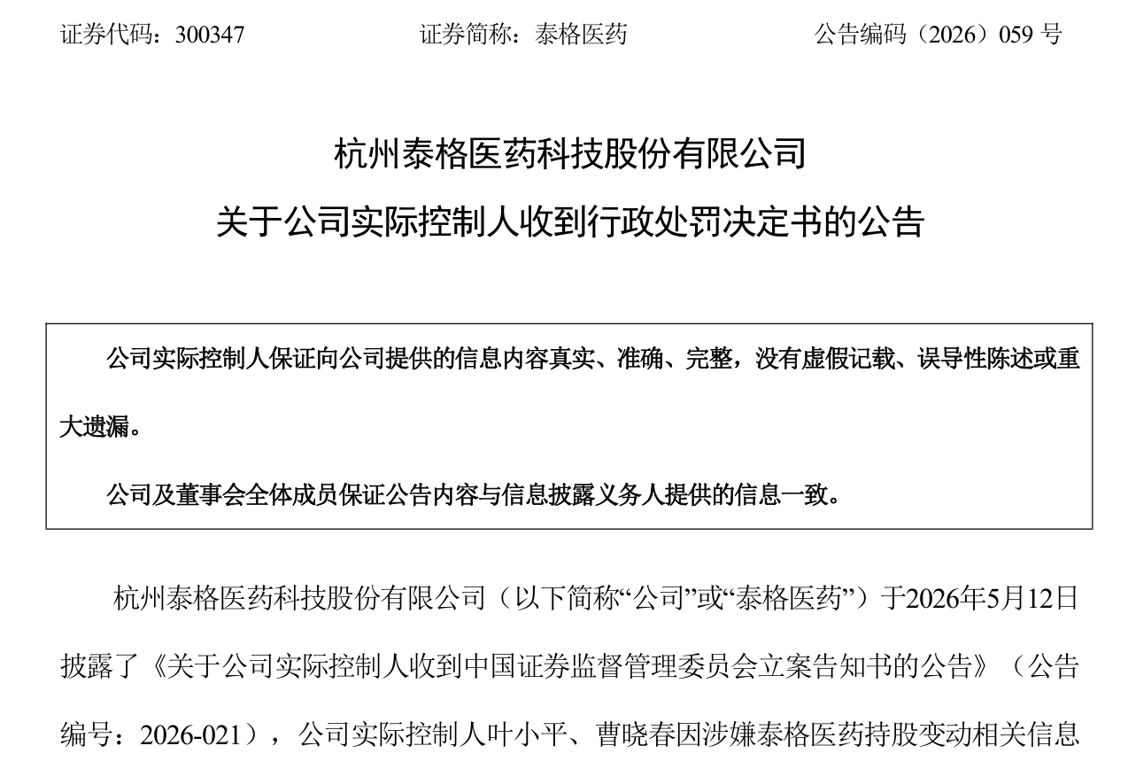 泰格医药实控人被分别处以50万元罚款