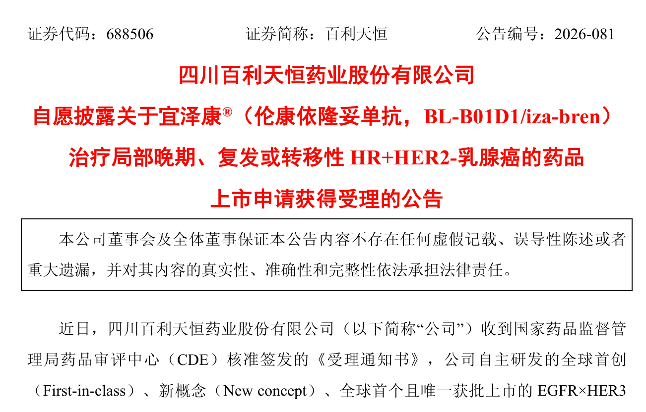 百利天恒伦康依隆妥单抗乳腺癌新适应症上市申请获受理